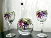 Set of Grapes Crystal Carafe & 2 Glasses Hand Painted