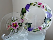 Plates Set with Roses & Wisteria (Painted with the reverse method)
