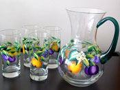 Set of Pitcher & 4 Glasses with Pear Plums Hand Painted
