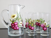 Set of Cherries Daisy Pitcher & 4 Glasses Hand Painted
